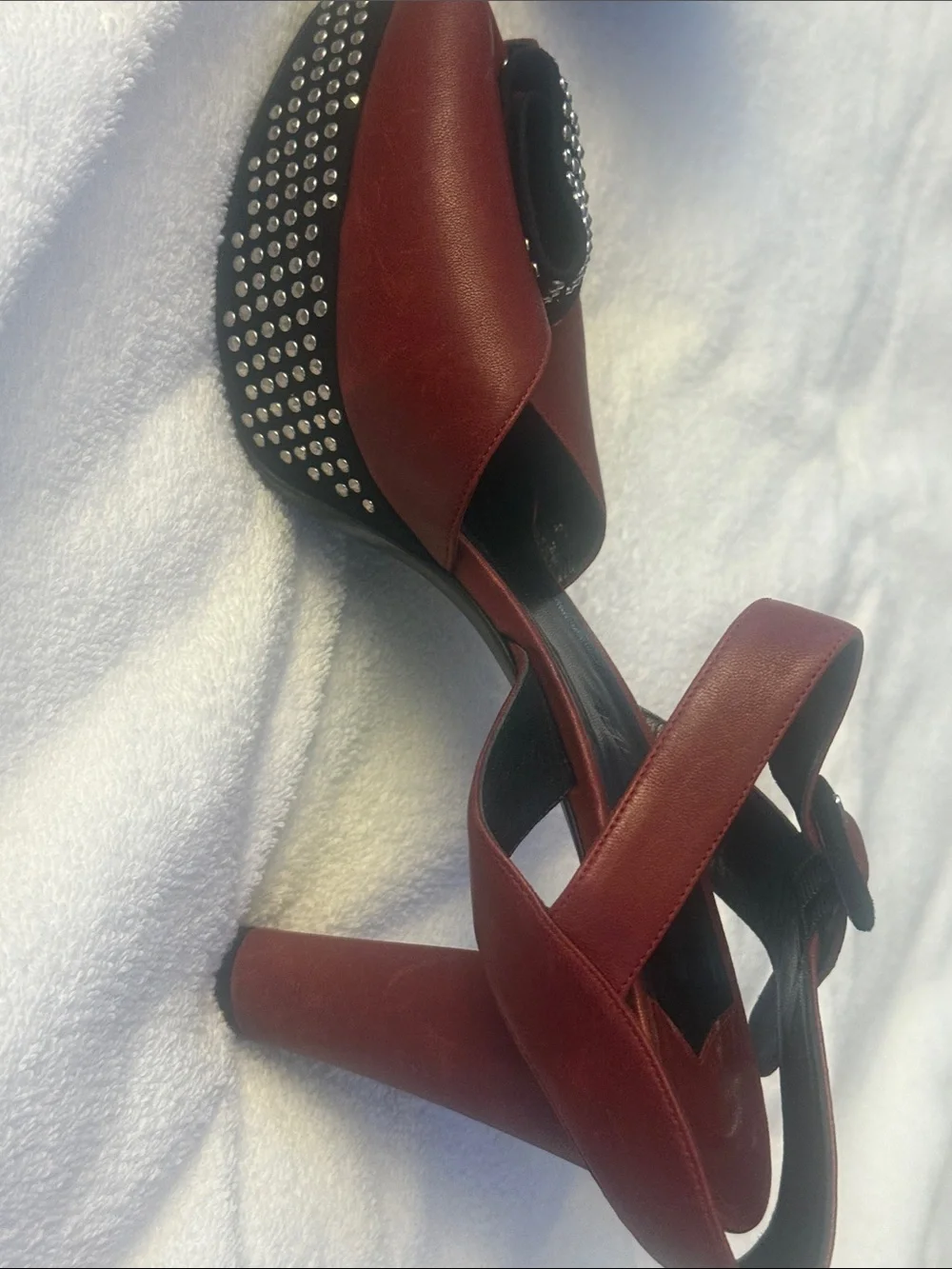 Sonia Rykiel Burgundy Studded Peep-Toe Block Heels with Ankle Strap